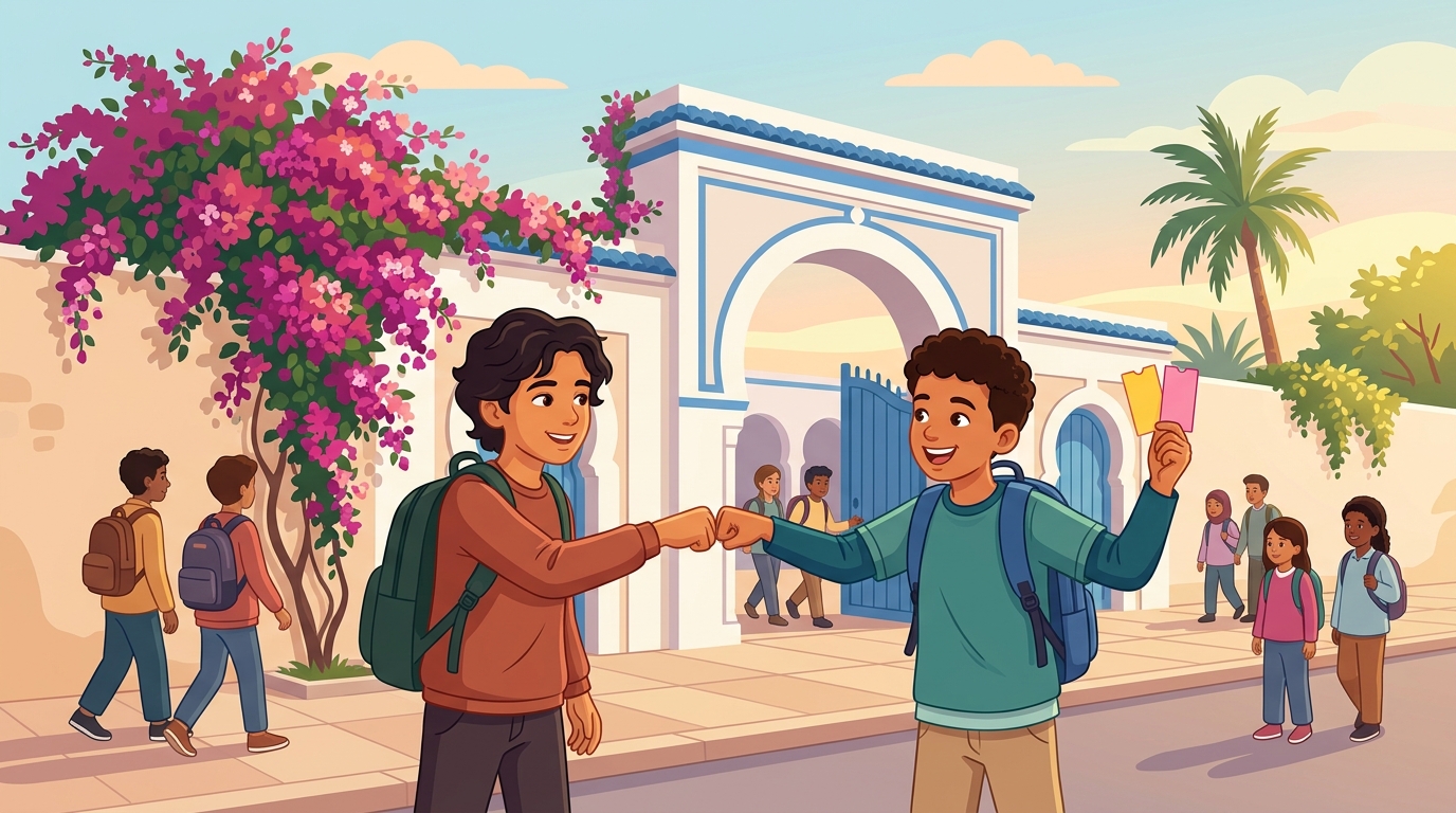 Devant le portail de l'école, Karim et Rayen se saluent ; Rayen montre deux tickets